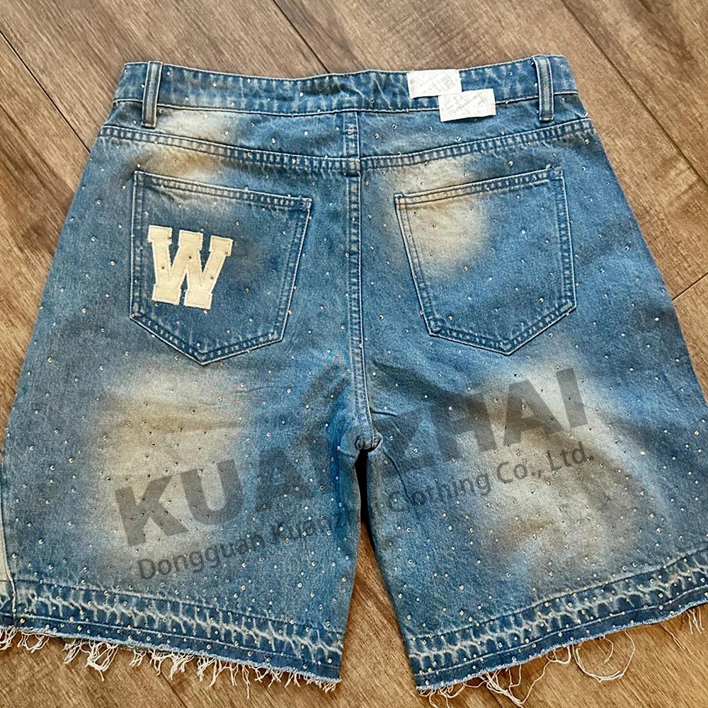Custom manufacturer flare distressed embroidery rhinestone man short denim baggy jeans men jorts