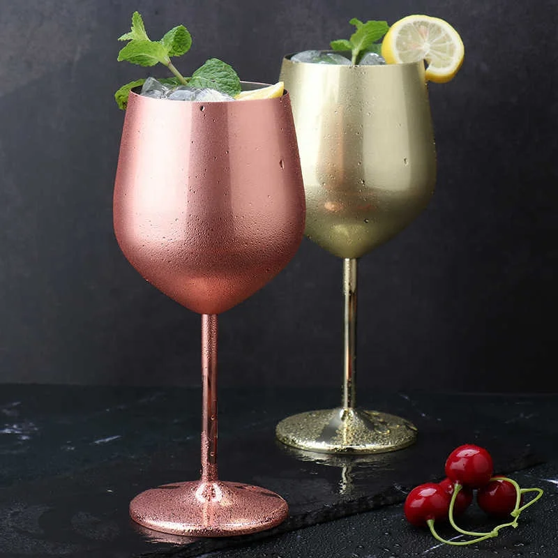 500ml Creative 304 Stainless Steel Single Tier Highball Red Wine Glass Colorful Large Capacity Drum-shaped Drop Resistant Copper