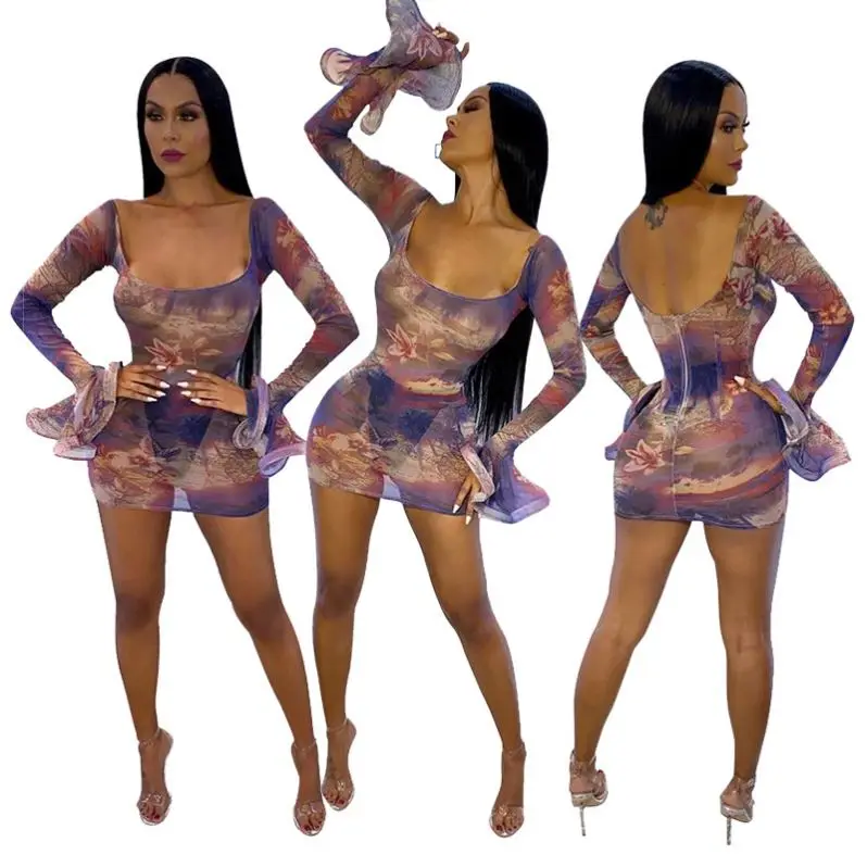 S04192 New arrival 2020 Sexy women sexy mesh sheer transparent print mini dress Women clothing Night Club Dress Two Piece Skirt