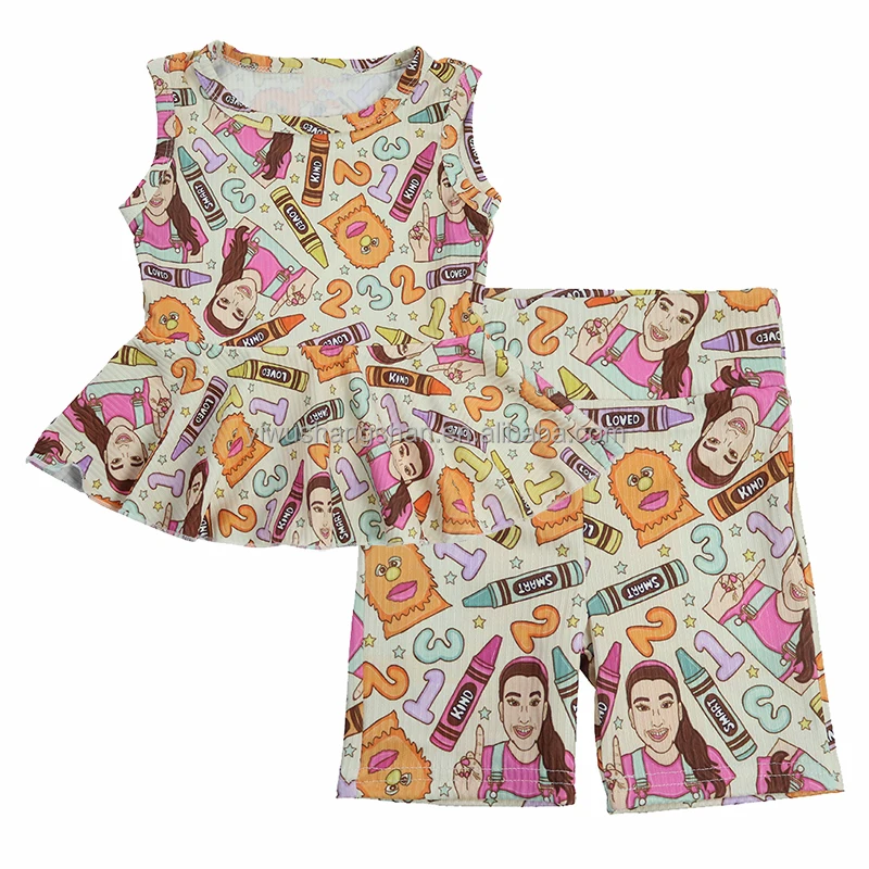 Rachel Girly 123 Affirmations Print Toddler Girls Summer Clothes Set Sleeveless Peplum and Biker Shorts Kids Rib Knit Outfits