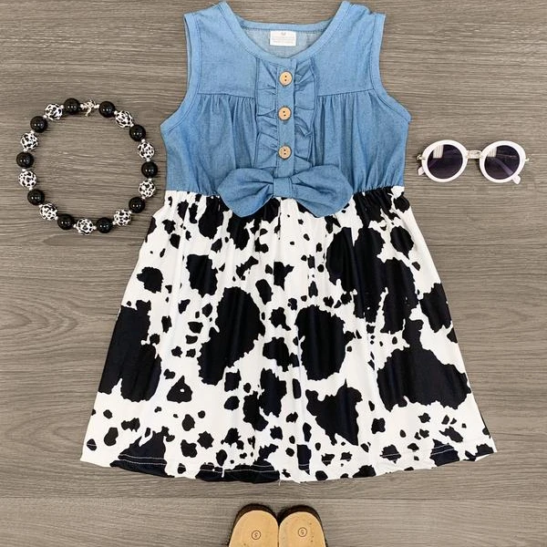 High Quality Dress  Kids Boutique Customized Girls Bow Print Christmas Party Dress Dress Without Sleeve