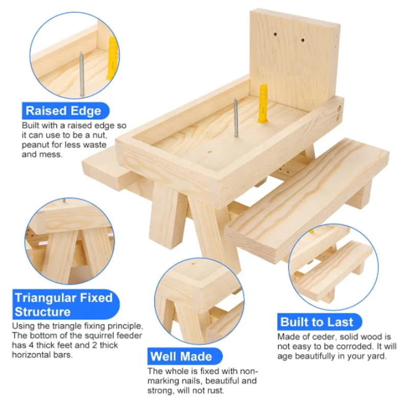 Wooden Pet Feeding Outdoor Garden Pendant Squirrel Table Wood Squirrel Feeder