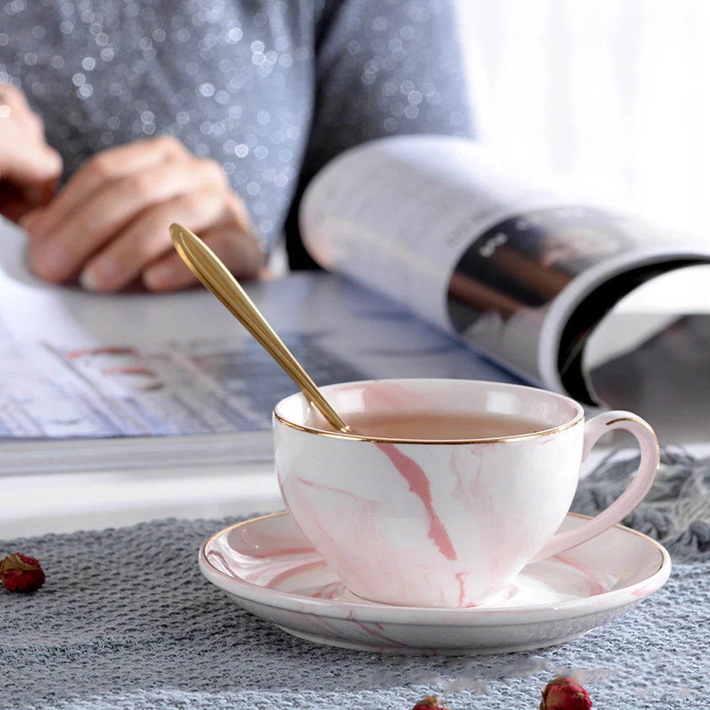 High Quality Pink Marble Porcelain Tea Cup Set  Cheap Golden Rim Coffee Cups Nordic Ceramic Tea Cups and Saucers Set