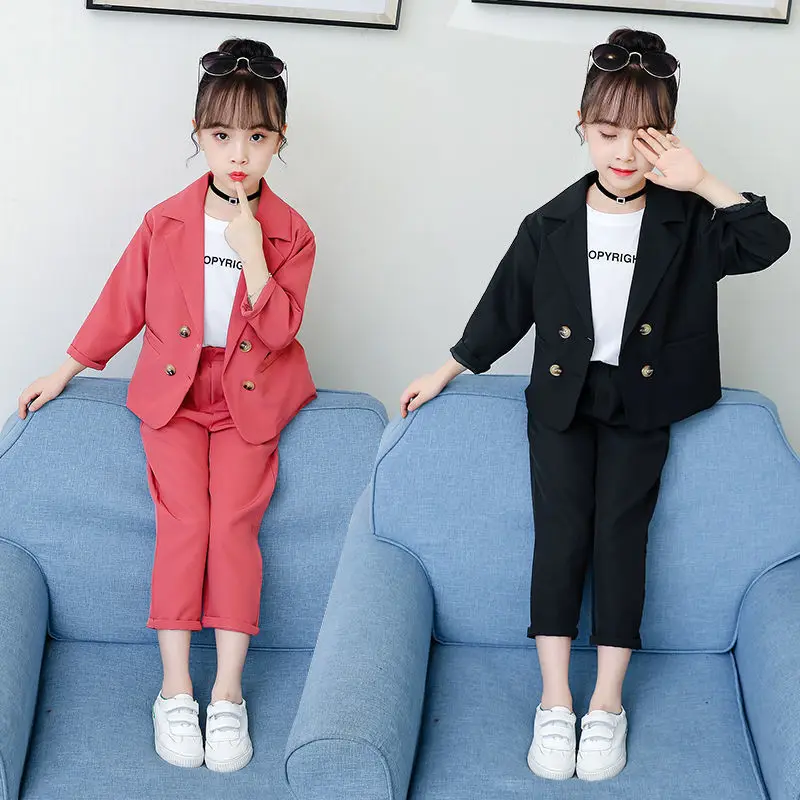 Slim Fit Girls Formal Wedding Suit for Baby Jacket+Pants Children 2pcs Home Kids Formal Suit Female Girls School Blazer