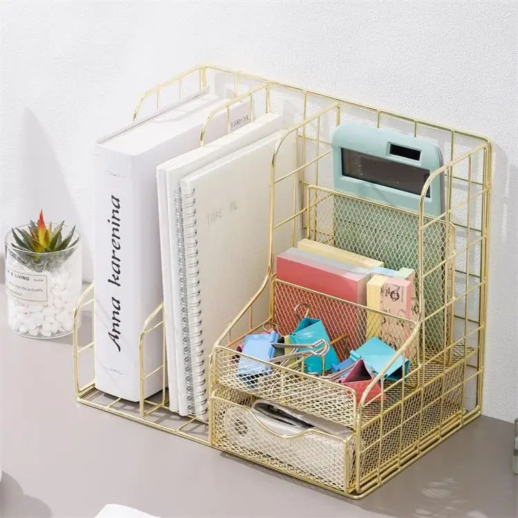 New Arrival Organizer Desk Stationary Supplies Metal Wire Pen Holder With A4 Paper Rack For Office Desktop Use