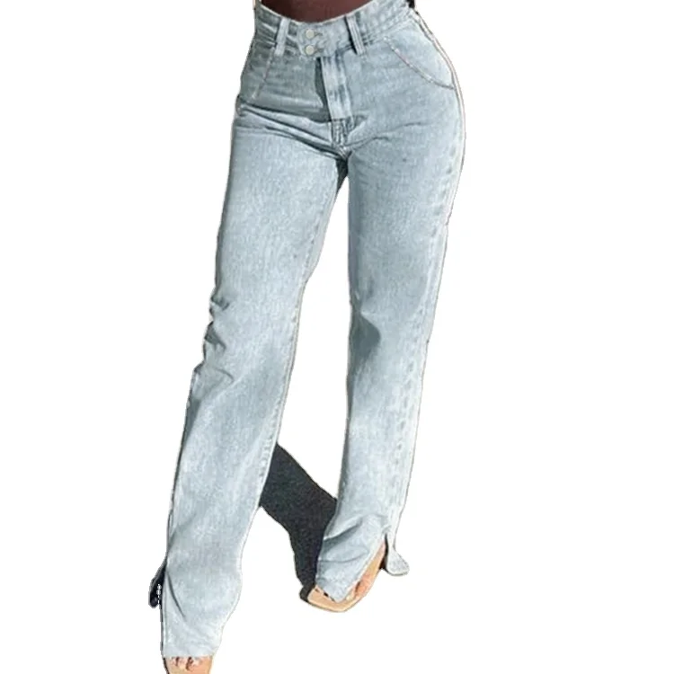 
Highwaist Jeans 2021 New Fashion Denim High Street Split Loose Straight Jeans Spring Trousers for Women ladies 