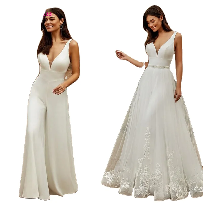 2 In 1 Wedding Jumpsuit With Detachable Skirt Two Pcs Bridal Custom Modest Wedding Dresses Lace Tulle V-Neck Sweep Train Gowns