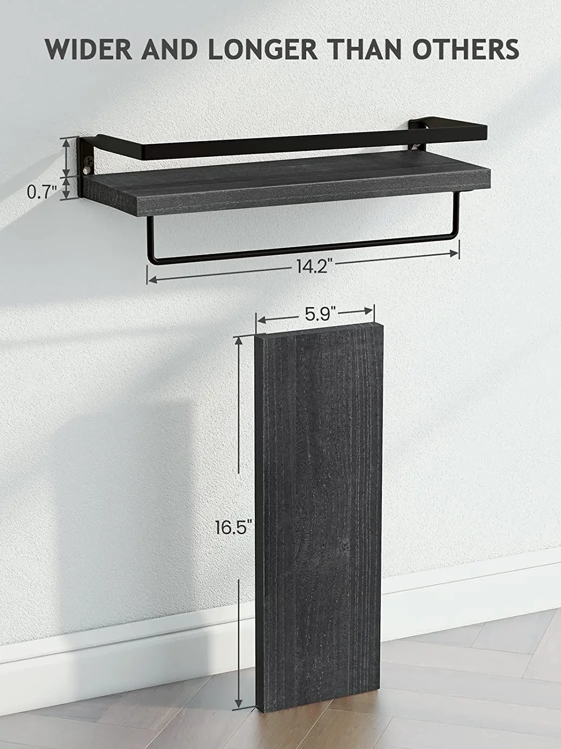 2 Piece Black Floating Shelves Kitchen Bedroom Bathroom Shelf with Towel Rail Decorative Storage Wall Rack