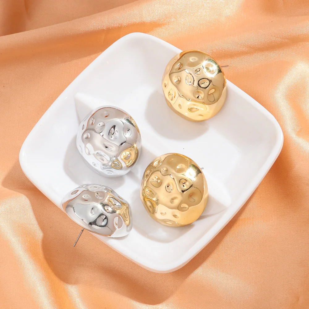 Korean Popular Statement Jewelry Oversized Hammered Earring Jewelry Metallic Color Gold Filled Trend Acrylic Round Stud Earrings