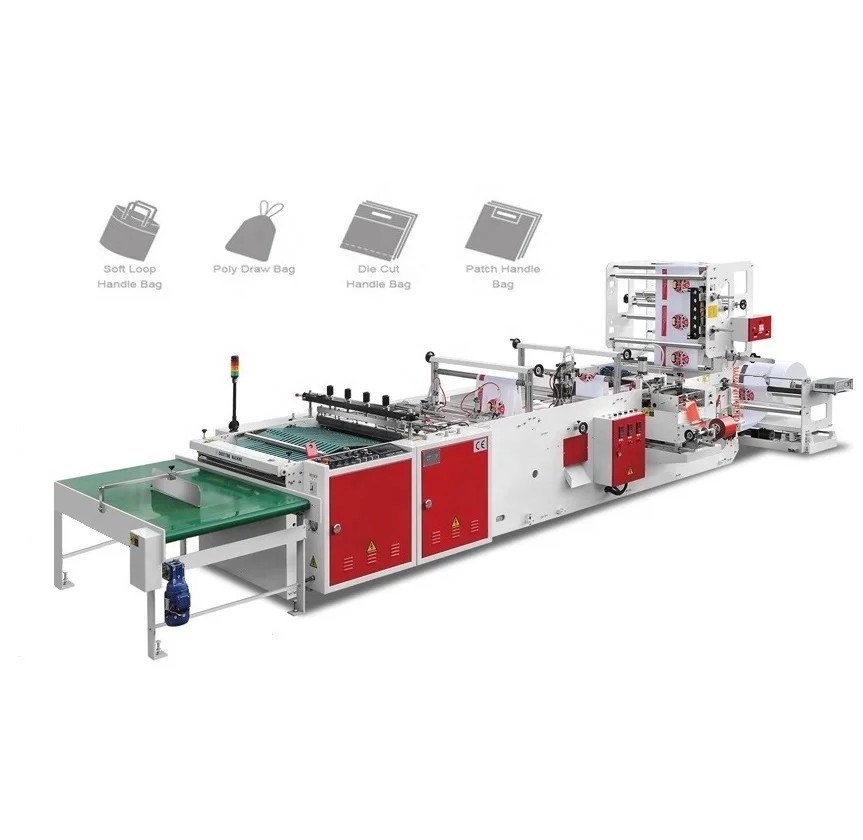 side sealing Fully Automatic four functions soft loop patch poly draw tape die cut Handle Plastic Bag Making Machine
