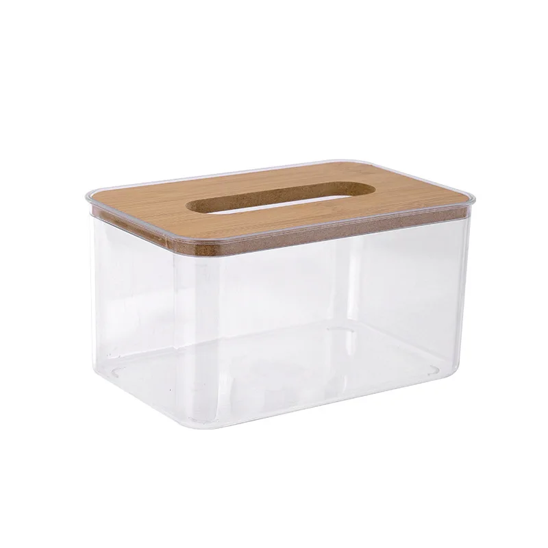 NISEVEN Wholesale Desktop Tissue Storage Box Waterproof Clear Plastic Napkin Holder With Bamboo Lid For Table Tissue Paper Box