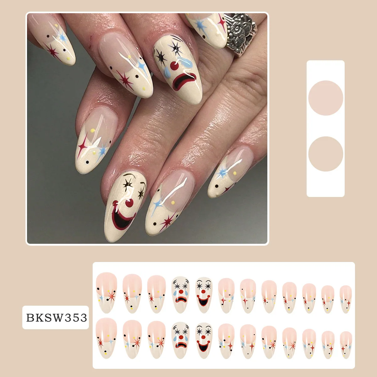 Halloween French Tip Press on Nails Medium Almond Fake Tip with Cute Face Design False Nails Acrylic Nails Stick on Tips