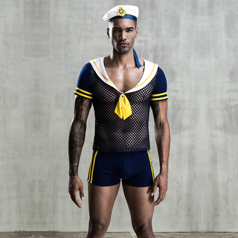 Black Fishnet Seaman Uniform Sexy Male Lingerie Sexy Sailor Costume For men