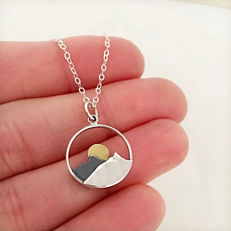 925 Sterling Silver Oxidized Vintage Mountain Pendant Mountaineering Travel Necklace Western Style Jewelry