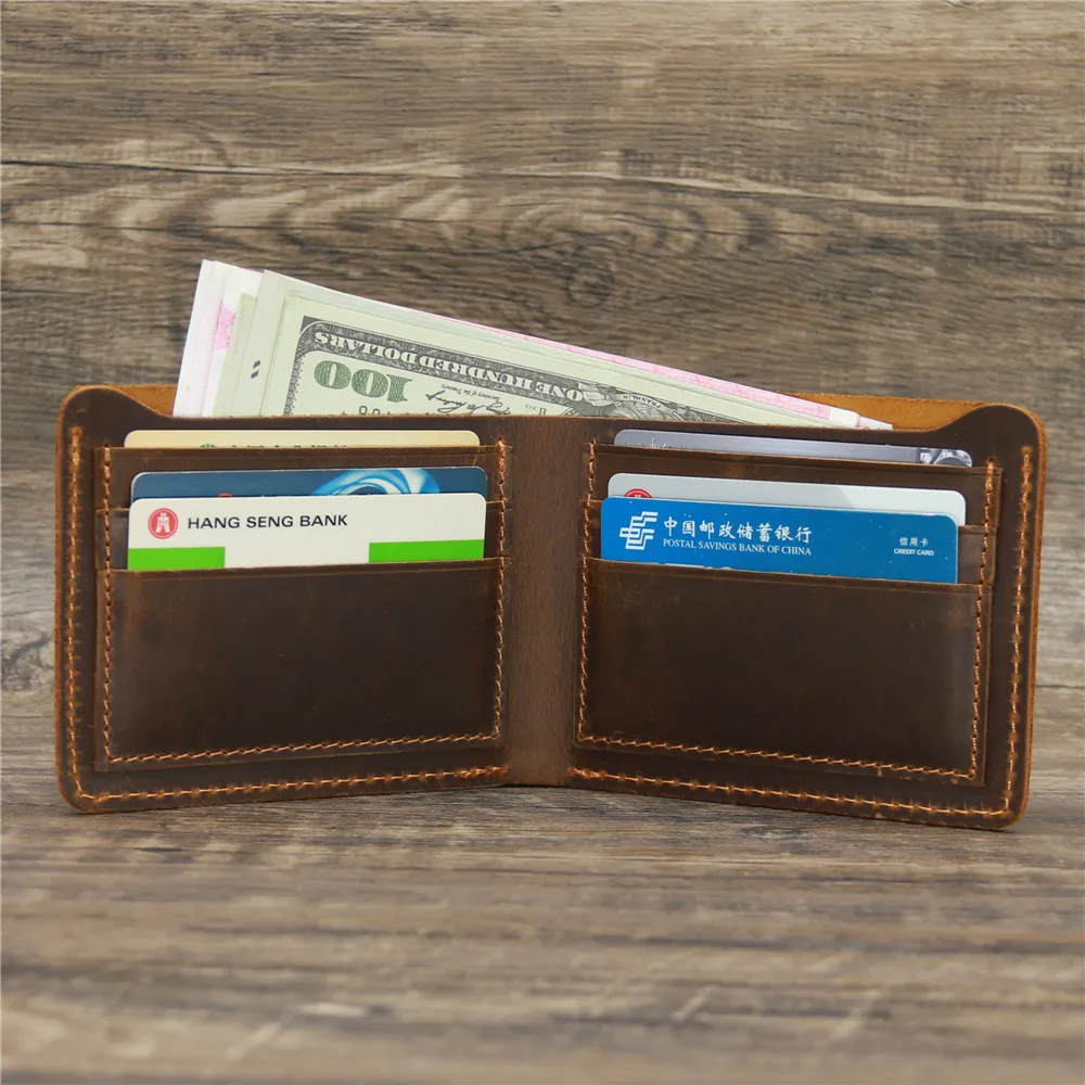 Vintage Crazy Horse Genuine Leather Wallet RFID Secure Short Purse Money Bag for Men Polyester Customized Brown Solid Open