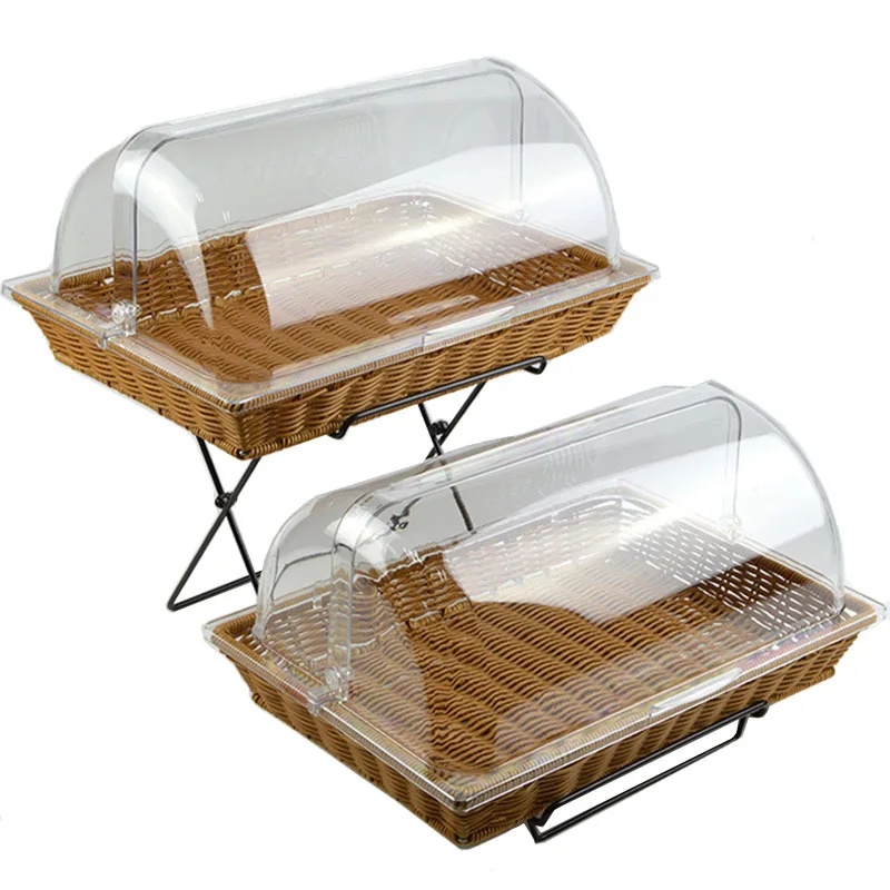 Fruit PP Rattan Rectangular Storage Baskets Kitchen Food Bread Weave Plastic Woven Basket With Lid with stand