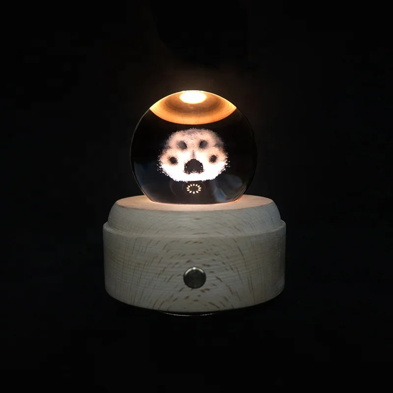 Hot Sale Music Box Bed Lamp Night Light 3d Crystal Ball Lamp With Led Lighting Wood Base