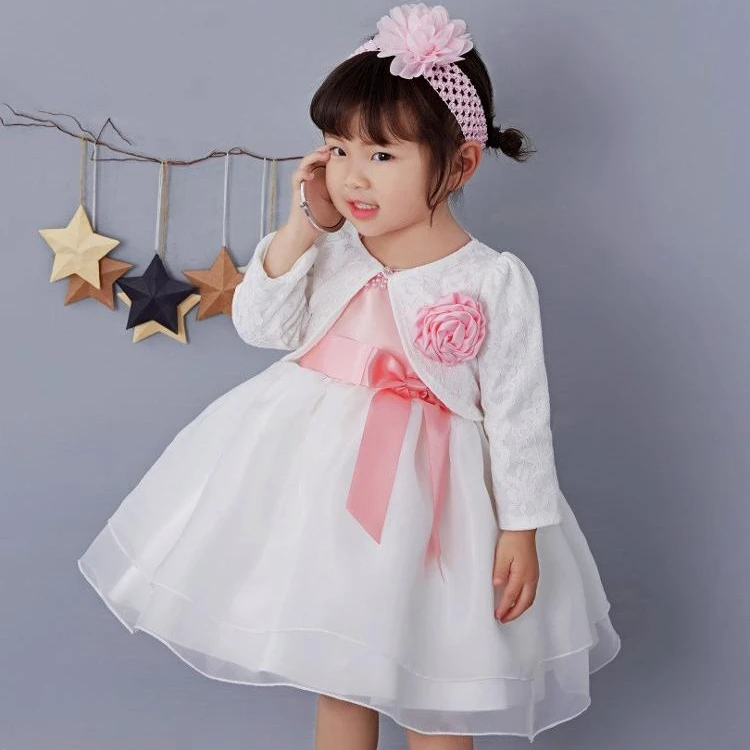 Newborn Clothes Hot Sale Tulle Bowknot Flower Designer Latest Girls Dress With Hair Band And Coat