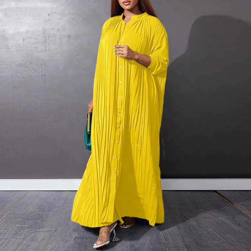 Europe and America yellow Summer casual dress plus size casual dress new fashion loose casual pleated dress