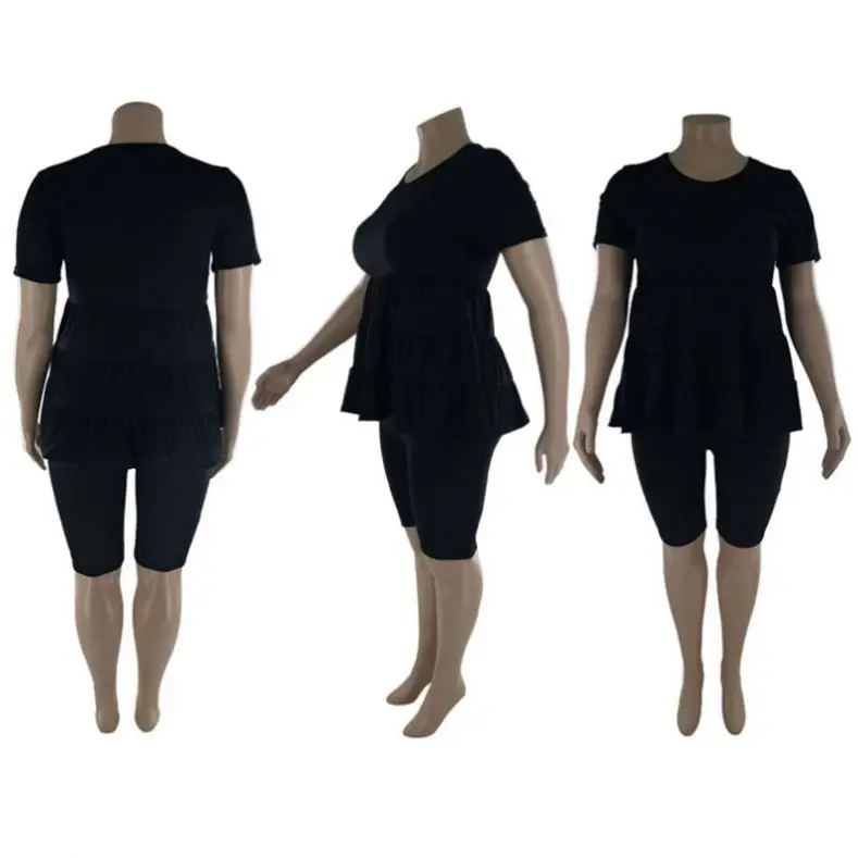 Fashion Women plus size 2 piece set dresses + short pants pleated solid color o-neck short sleeve casual loose tops suits