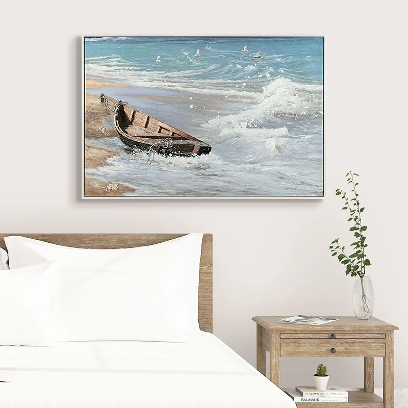 Paintings Of Boats On Beach Canvas With Floater Frame Home Decoration Seascape Paintings