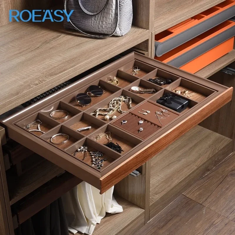 Roeasy Modern Multifunctional Pull Out Sliding Drawer Leather Style Jewelry Box Wardrobe Organizer
