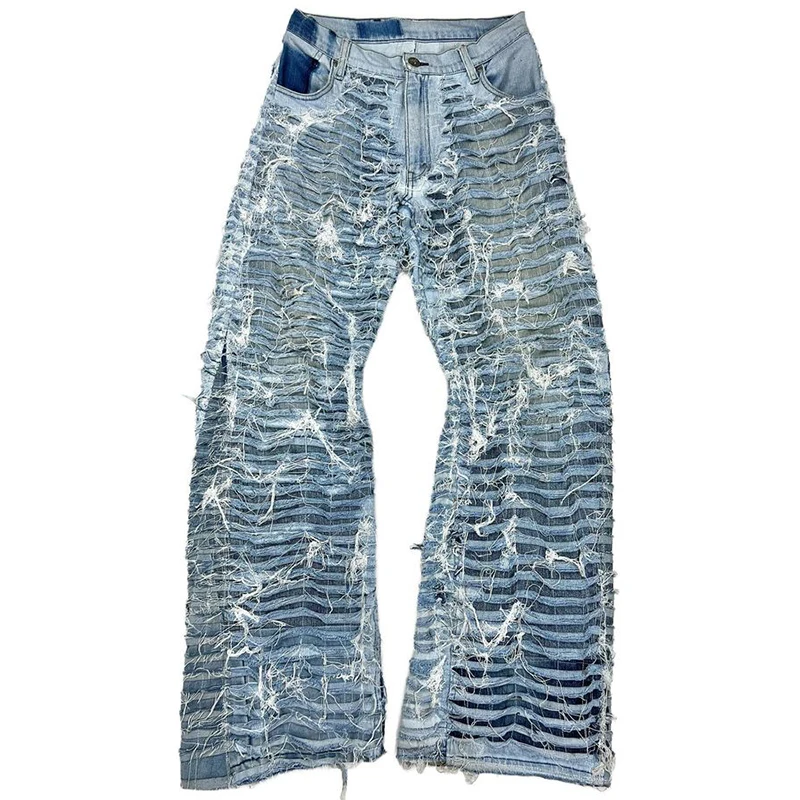 DIZNEW Denim jeans men bulk wholesale China double cut rotten light blue jeans pants man