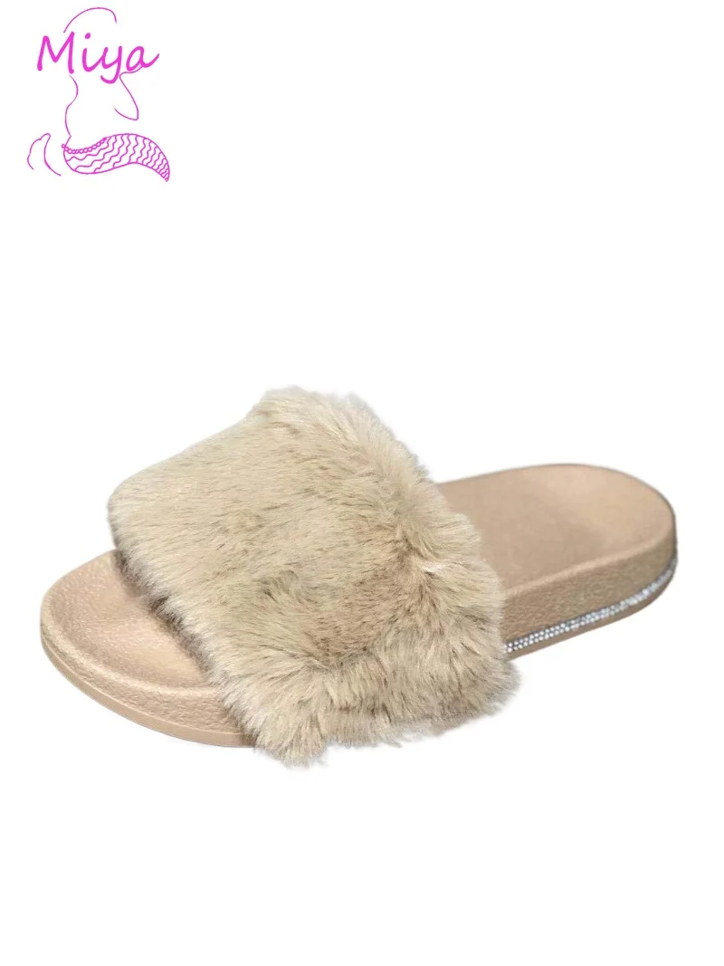 Wholesale Fall Winter Indoor Slippers Shoes Beautiful Furry Slippers for Women Sequined EVA Sole Open Toe Flat Fur Slipper
