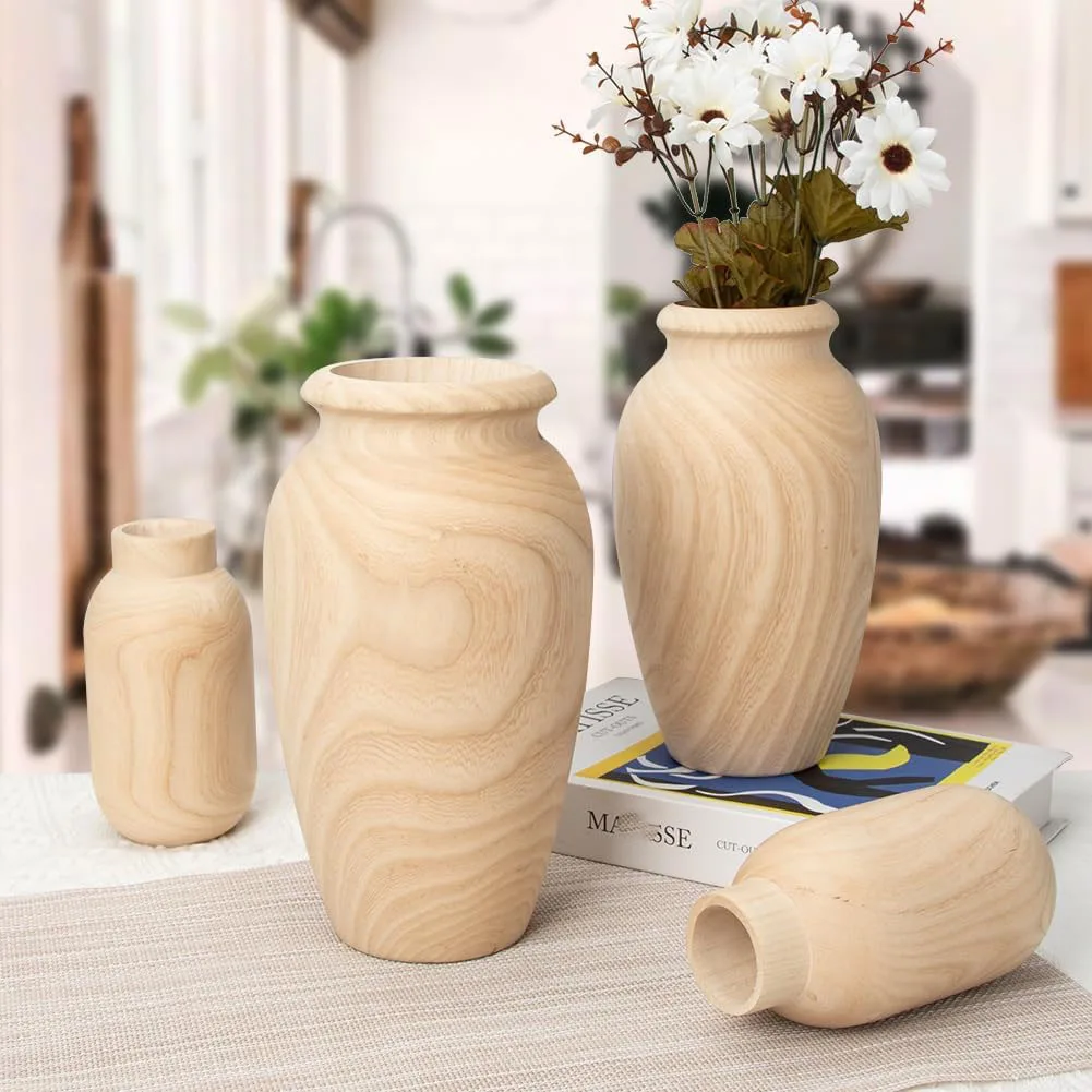 Handmade Natural Wood Vase Wooden Flower Vases Black Vase for Home Office Table Decor
