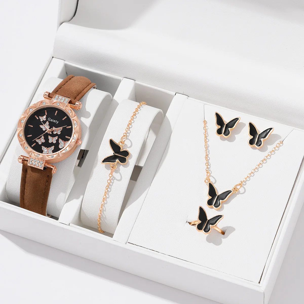 Beautiful Flower Dial Diamond Watch Women Leather Band Girls Watches & 5pcs Butterfly Necklace Earring Jewelry Set