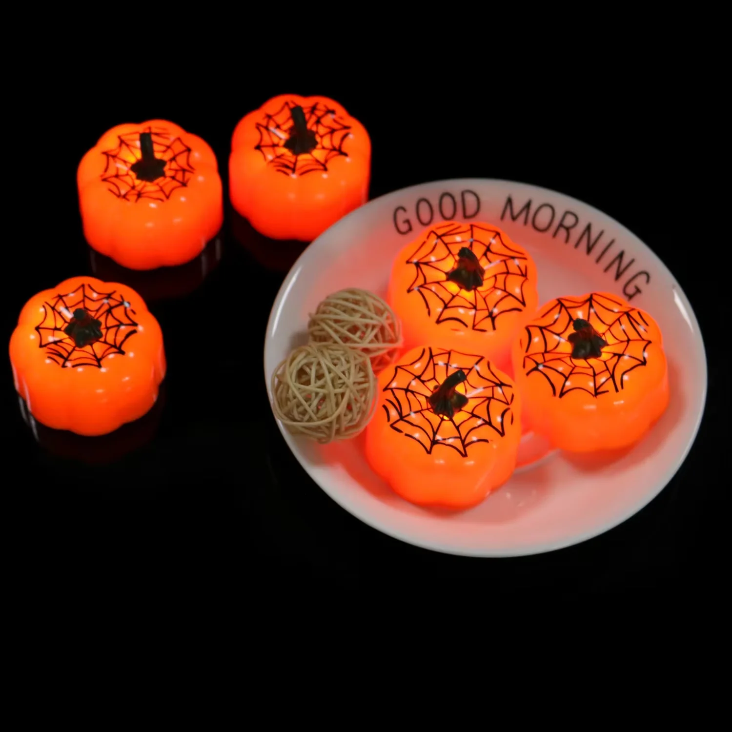 Battery Operated LED Yellow Flashing Pumpkin Shape Spider Web Pattern Tea Lights For Party Decoration