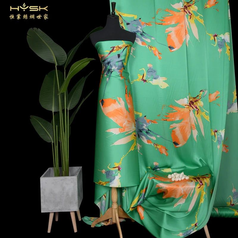 Custom high quality 100 pure silk charmeuse satin fabrics with printed floral pattern design korea east for kids women man