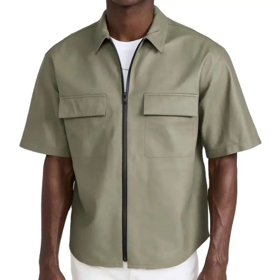 DOVEN OEM Manufacturer Custom Logo Short Sleeves Oversized Casual Chest Pocket PU Leather Zip Up Shirts Jacket For Men