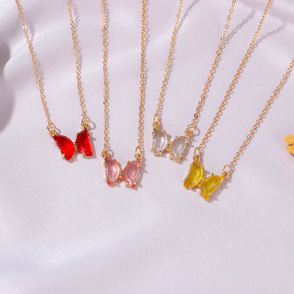Ins glass crystal butterfly necklace colored glass butterfly choker necklace for woman