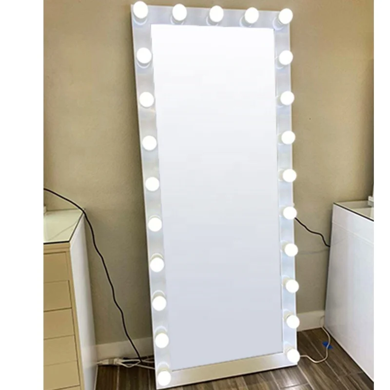 White Frame Hollywood Lighted Makeup Large Vanity Floor Mirror Full Length Mirror with 22 Big Bulbs