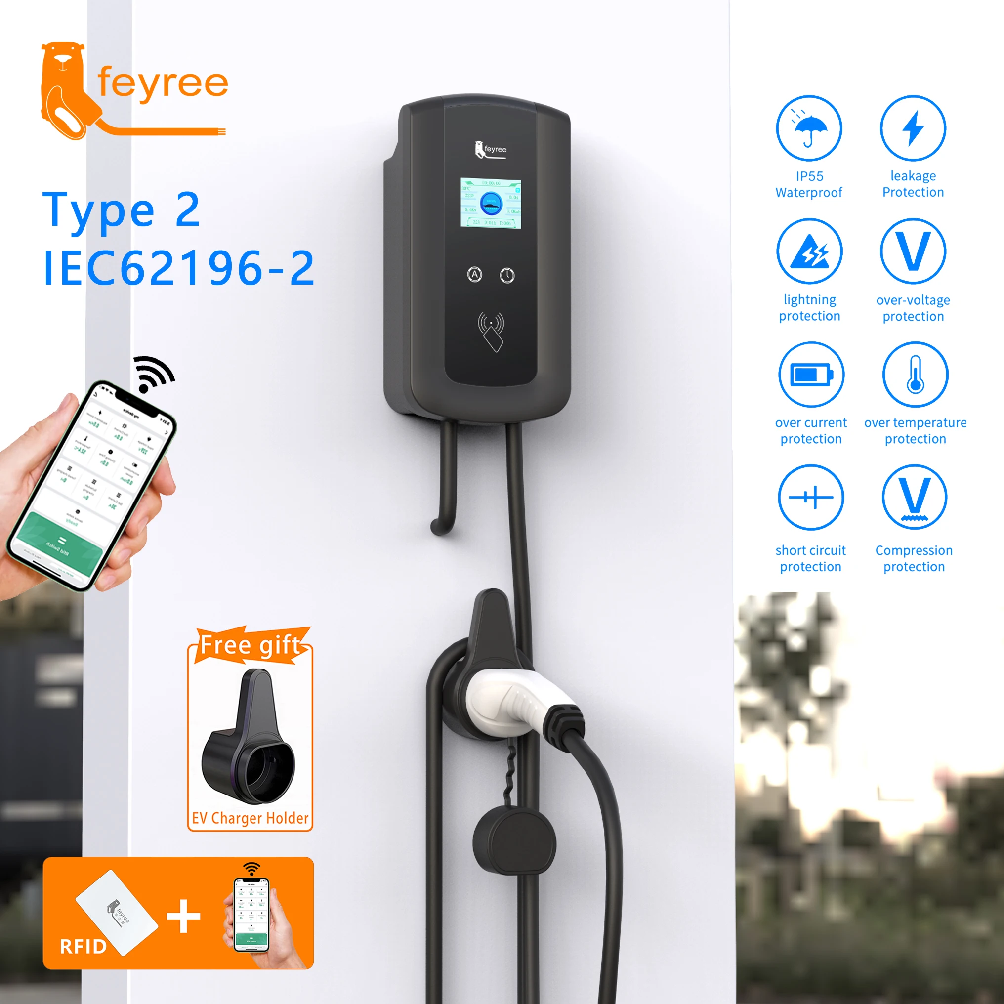 Electric Car Type 2 Plug 7KW 32a AC home EV Charger Wallbox wifi App IEC 62196 EV Charging station