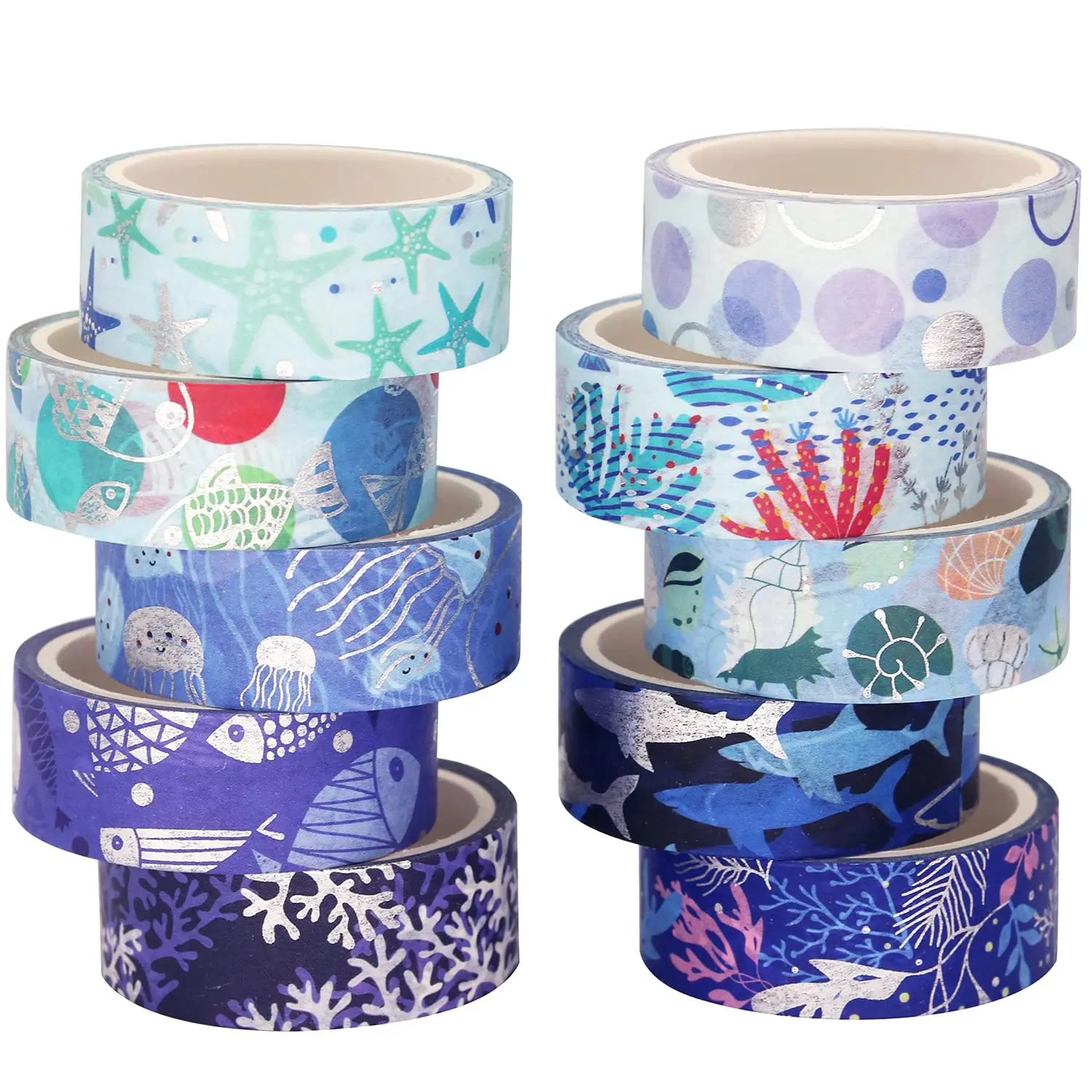 Ocean Blue Washi Tape Set 10 Rolls Navy Silver Foil Print Decorative Masking Tapes for Gift Wrapping