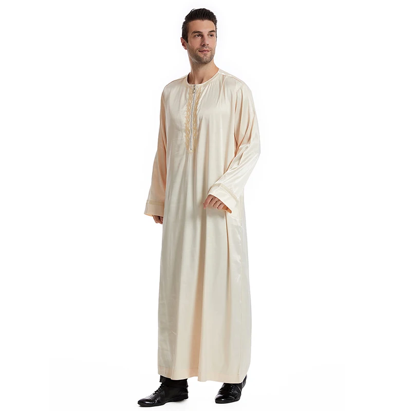 New Arrival Middle East Muslim Men Thobe Abaya Thawb Caftan Solid Color Embroidered Moroccan thobe men muslim