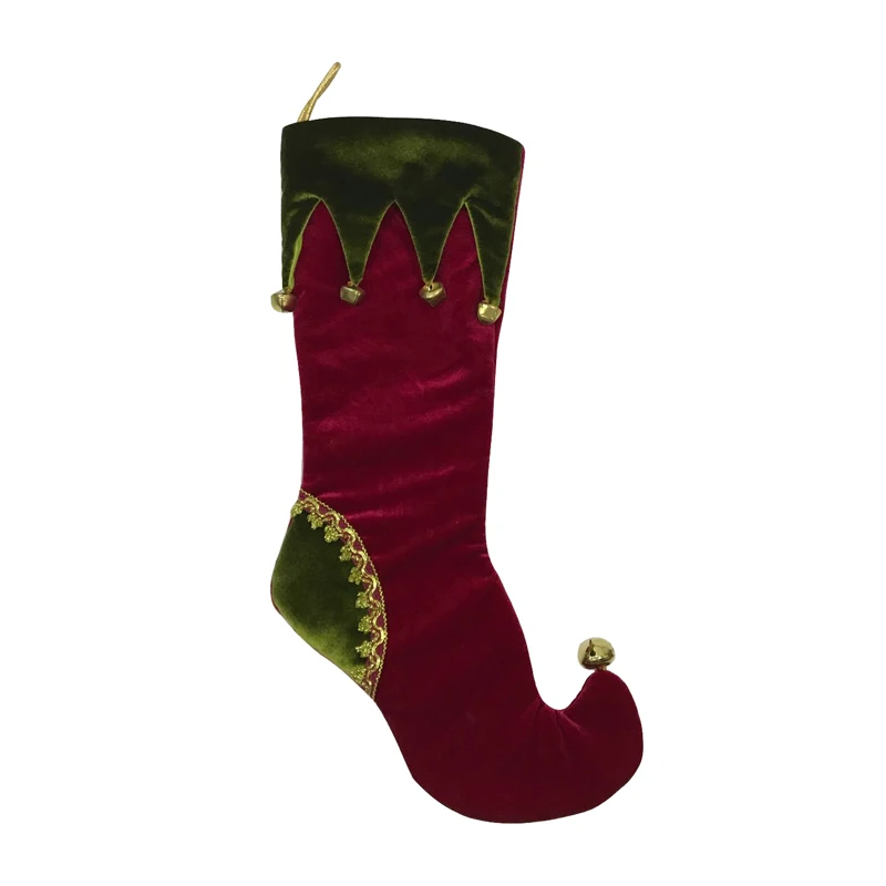 Wholesales Christmas Elf Toe Stocking Tipped With Jingle Bell Velvet Xmas Decorations For Tree Mantel Hanging