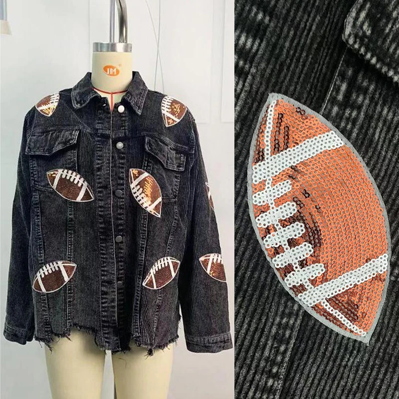 Wholesale sequin corduroy jacket woman vintage wash fringe shacket glitter football embroidery patch jackets for women
