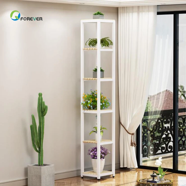 Simple Balcony Flower Stand Rack Wrought Iron Wood Multi-Layer Plant Rack