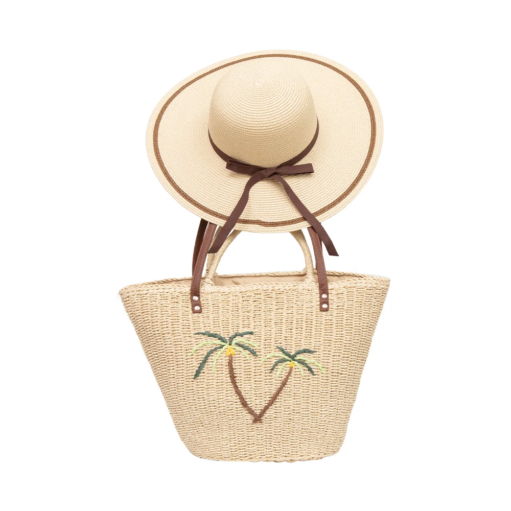 JAKIJAYI Brand SS20 Wholesale Ribbon Bow Summer Paper  Floppy  Ladies Straw Hat With Embroidery Starfish Straw Bag Set