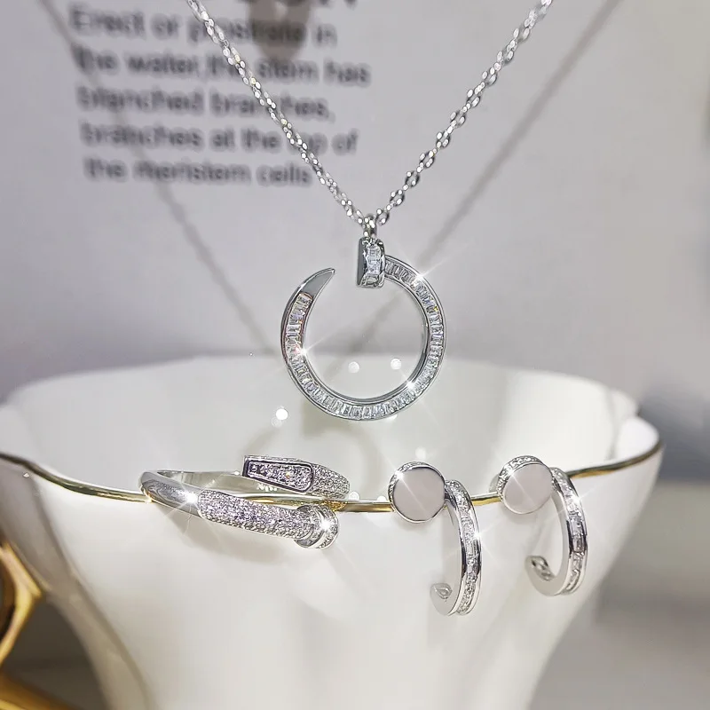 
925 sterling silver necklace rivet 3 three-piece ring inlaid zircon hand-casting open jewelry sets 