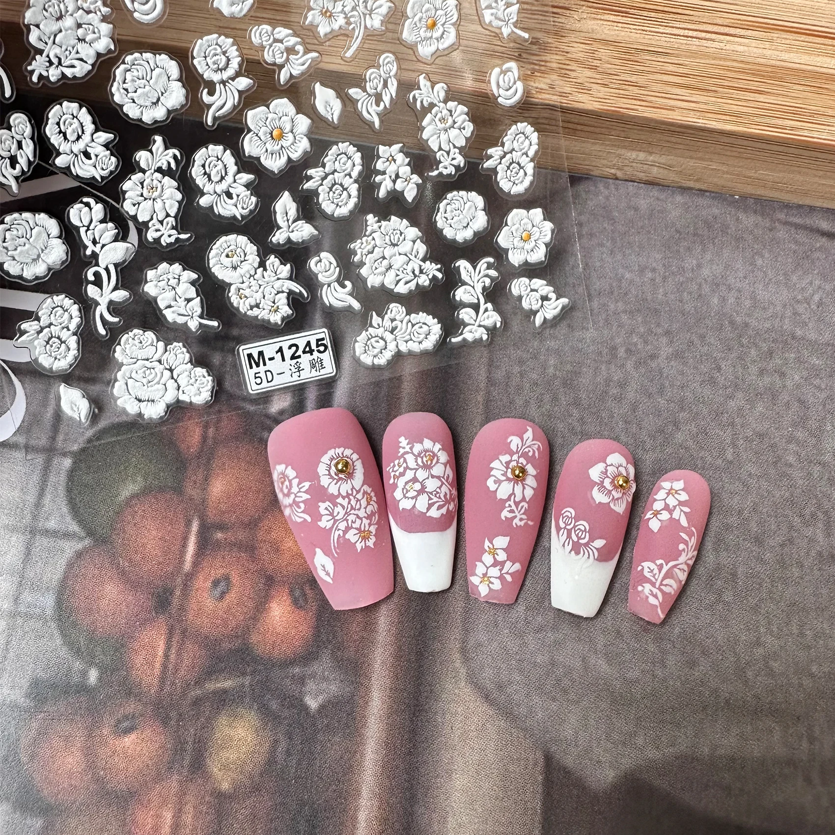 Factory Direct 5D White Flower Nail Art Stickers Design Embossed Nail Decal Manicure Stickers for Nail Salon