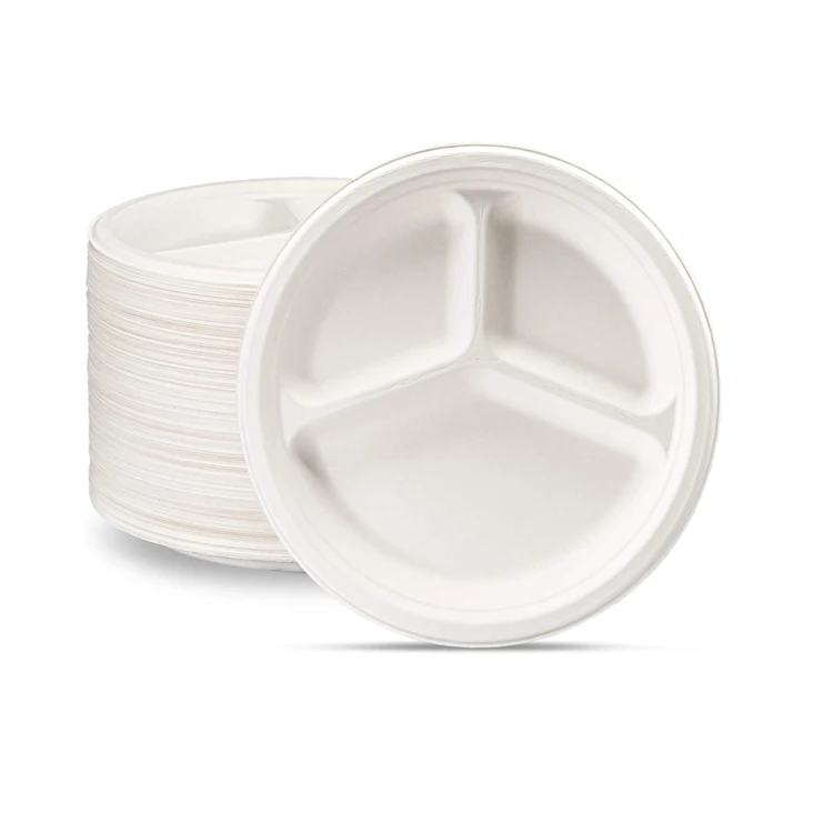 
Factory direct bagasse paper plate biodegradable sugarcane bagasse plates 9inch 3 compartment disposable paper plate 