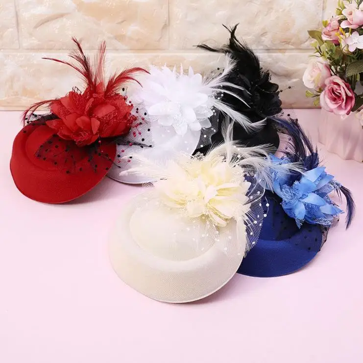 Hot Sale Vintage Flower Hairpin Top Party Hat Multi color Feather Veil Hat Wholesale