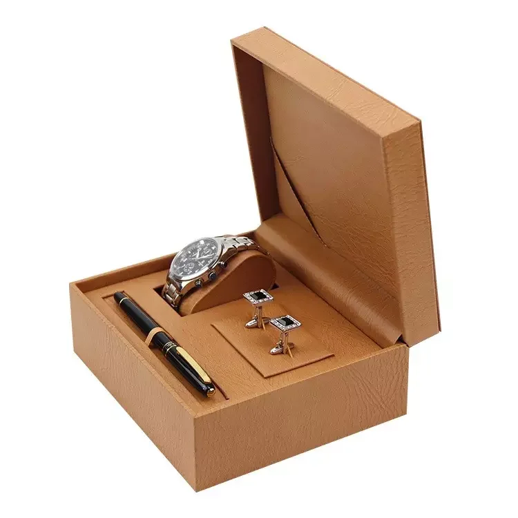 Custom Handmade Pu Leather Display Packaging Watch Pen Cuff-links Box For Gift Luxury Black Gift Box Set For Watch Pen Cuff-link
