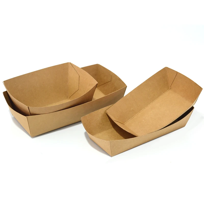 Custom Stackable Kraft Virgin Pulp Square Food Paper Tray Recycled Disposable Take Away Fast Food Snack Corn Dog Boat Tray