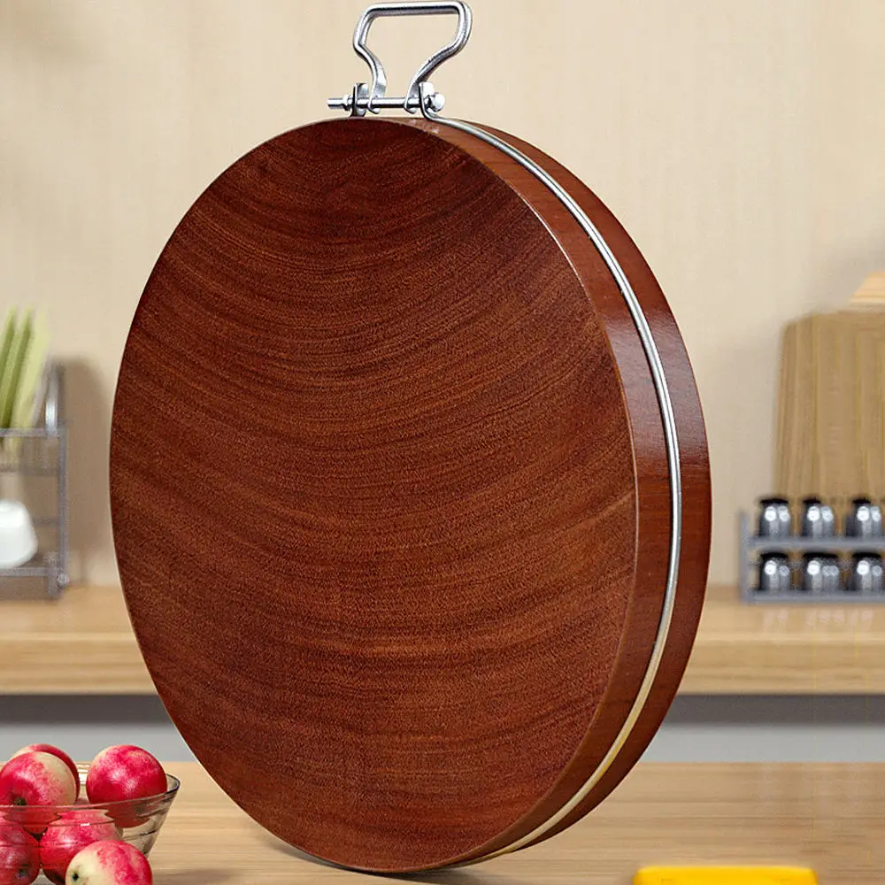 Custom Size Kitchen Thick Natural Eco-Friendly Safe Round Cutting Wood Board With Metal Handle