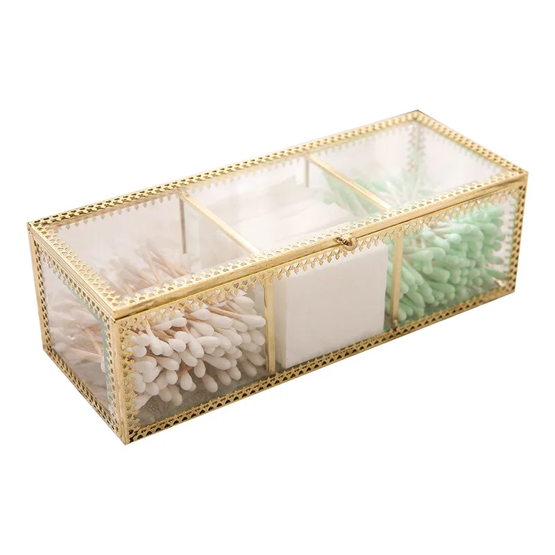 Vintage copper edge glass cosmetic cotton box swab box gourd powder puff storage box transparent gold